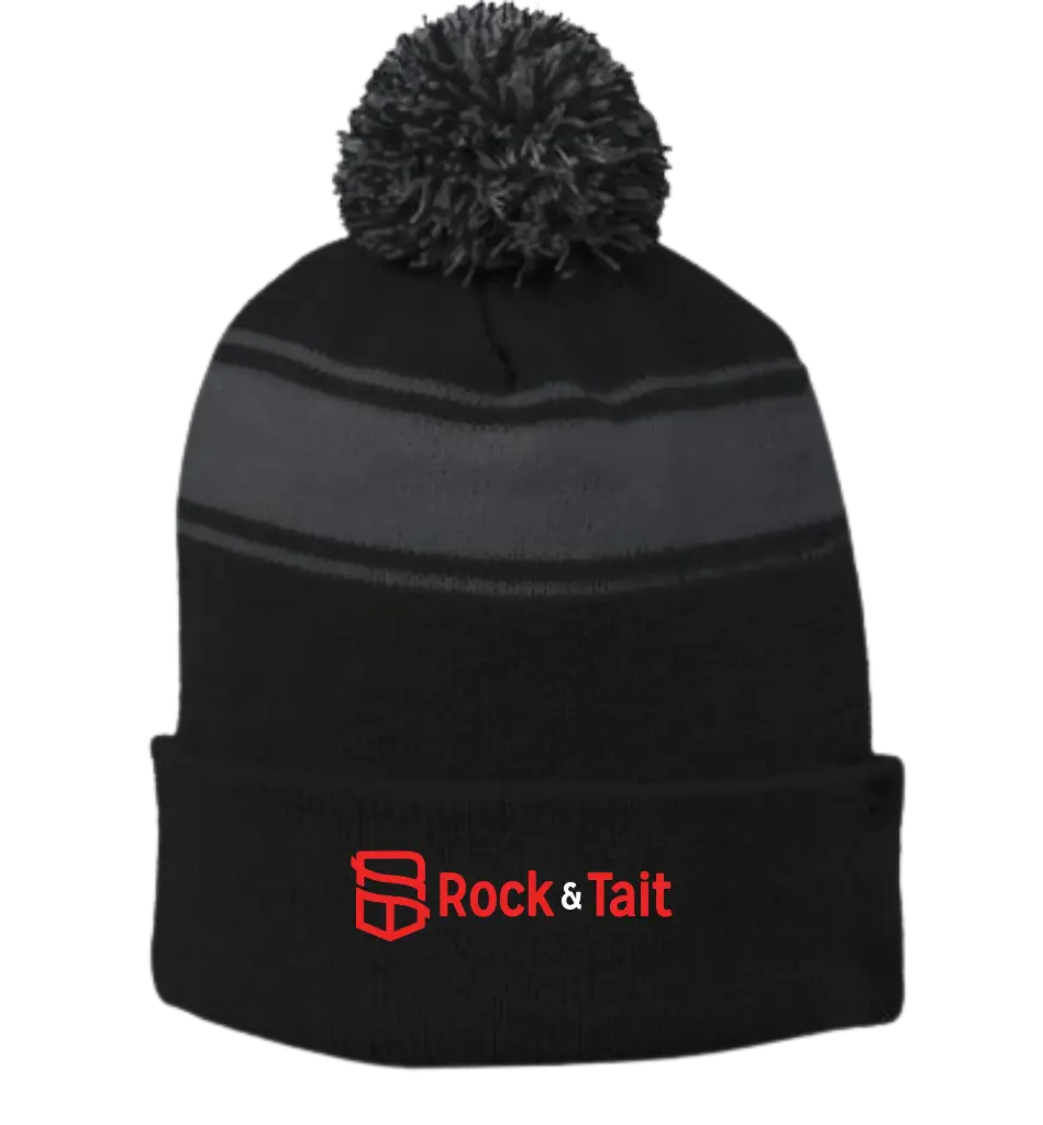 Sport Tek Strip Pom Pom Beanie (Black/Iron Grey)